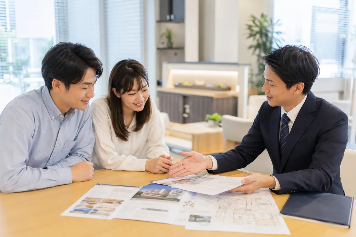 明るい不動産店舗で、スタッフが夫婦に物件資料を説明している様子